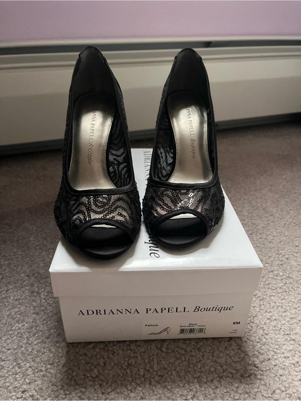 Adrianna Papell Black Lace Peep-Toe Heels